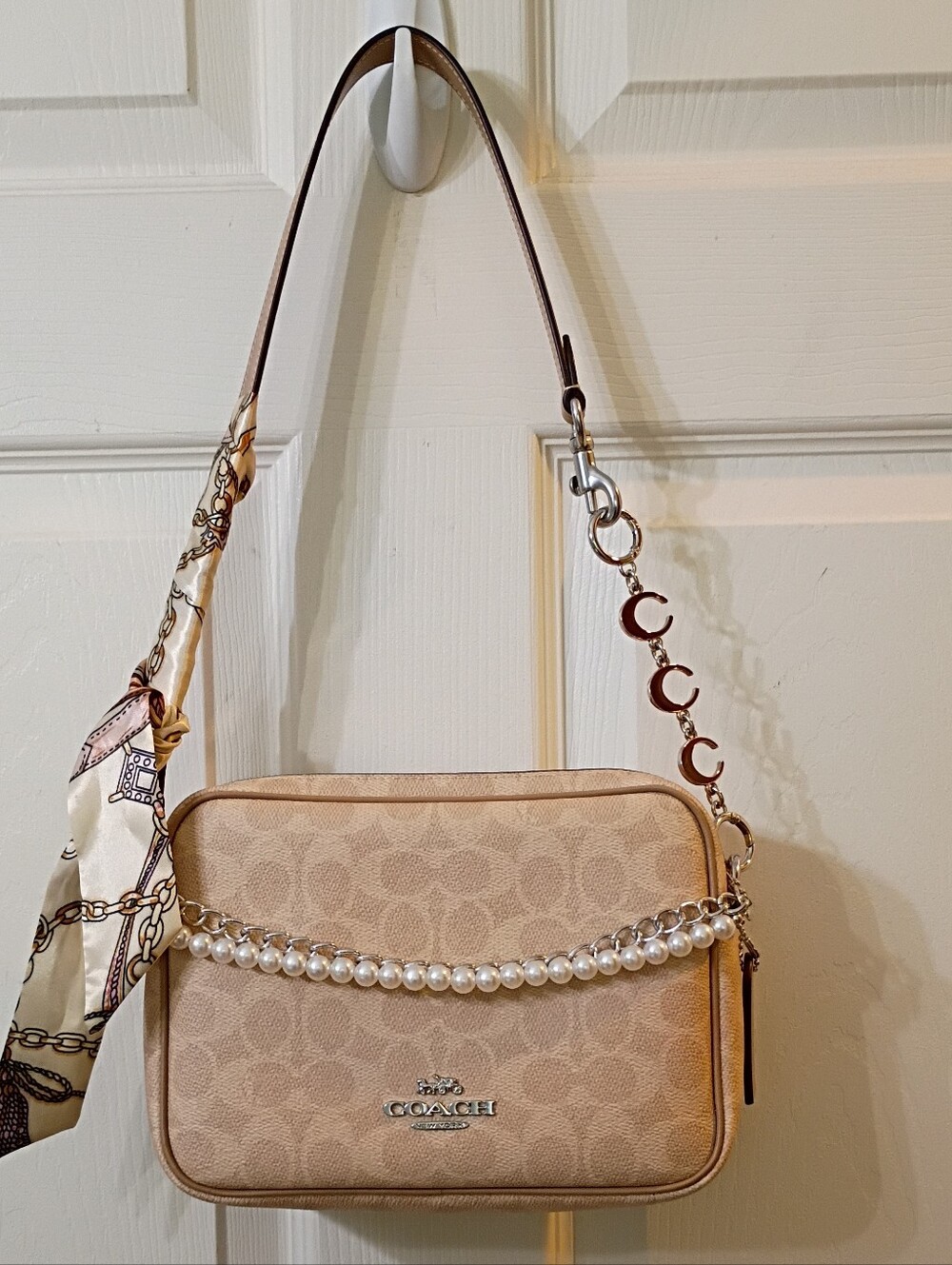 Coach Carey Signature Canvas Shoulder Bag with Pearl Trim and Scarf Accent Set